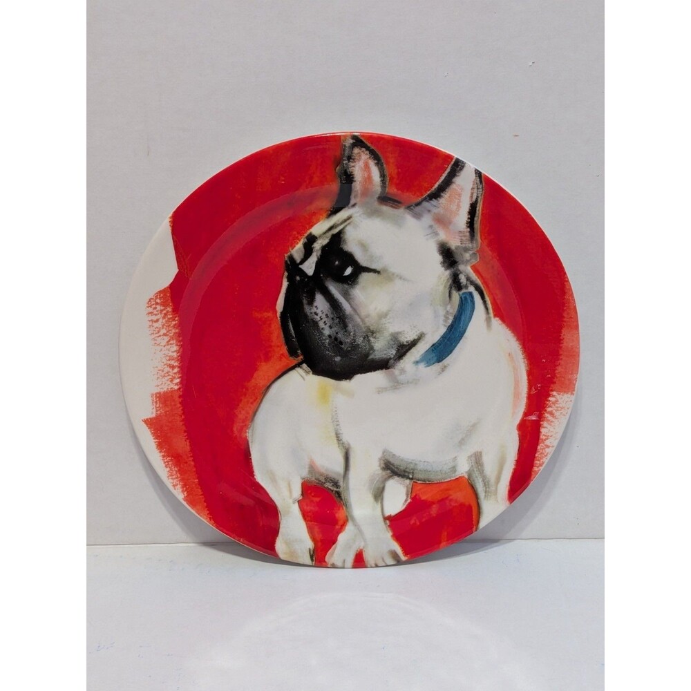 New Anthropologie Plate SALLY MUIR Dessert DOG-A-DAY Frenchie Bulldog Stoneware - Picture 2 of 8